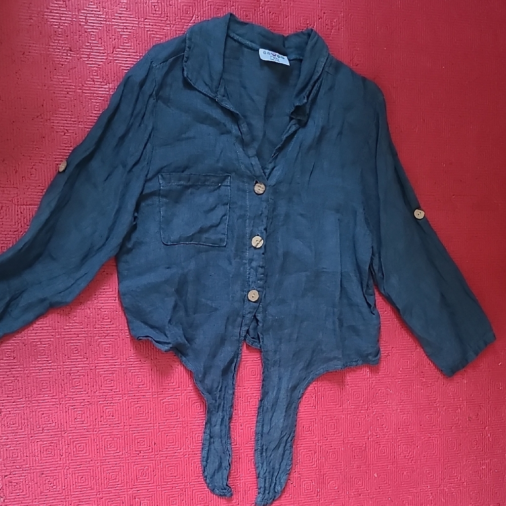Blue 3/4 Sleeve Button Down Shirt with Tie Front.